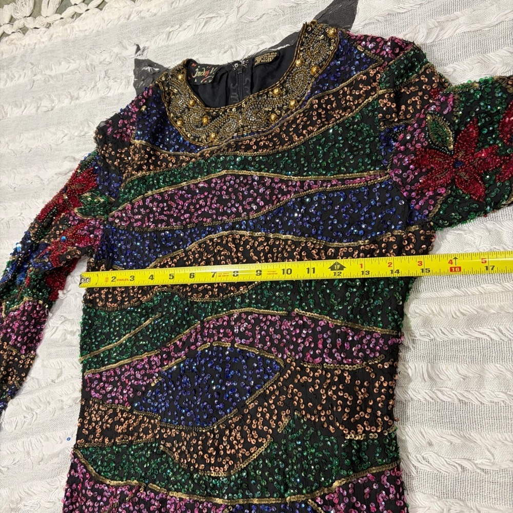 VTG sequined 1980s INDUS V silk beaded Multi Florals disco dress Party 15” PTP - Picture 10 of 16